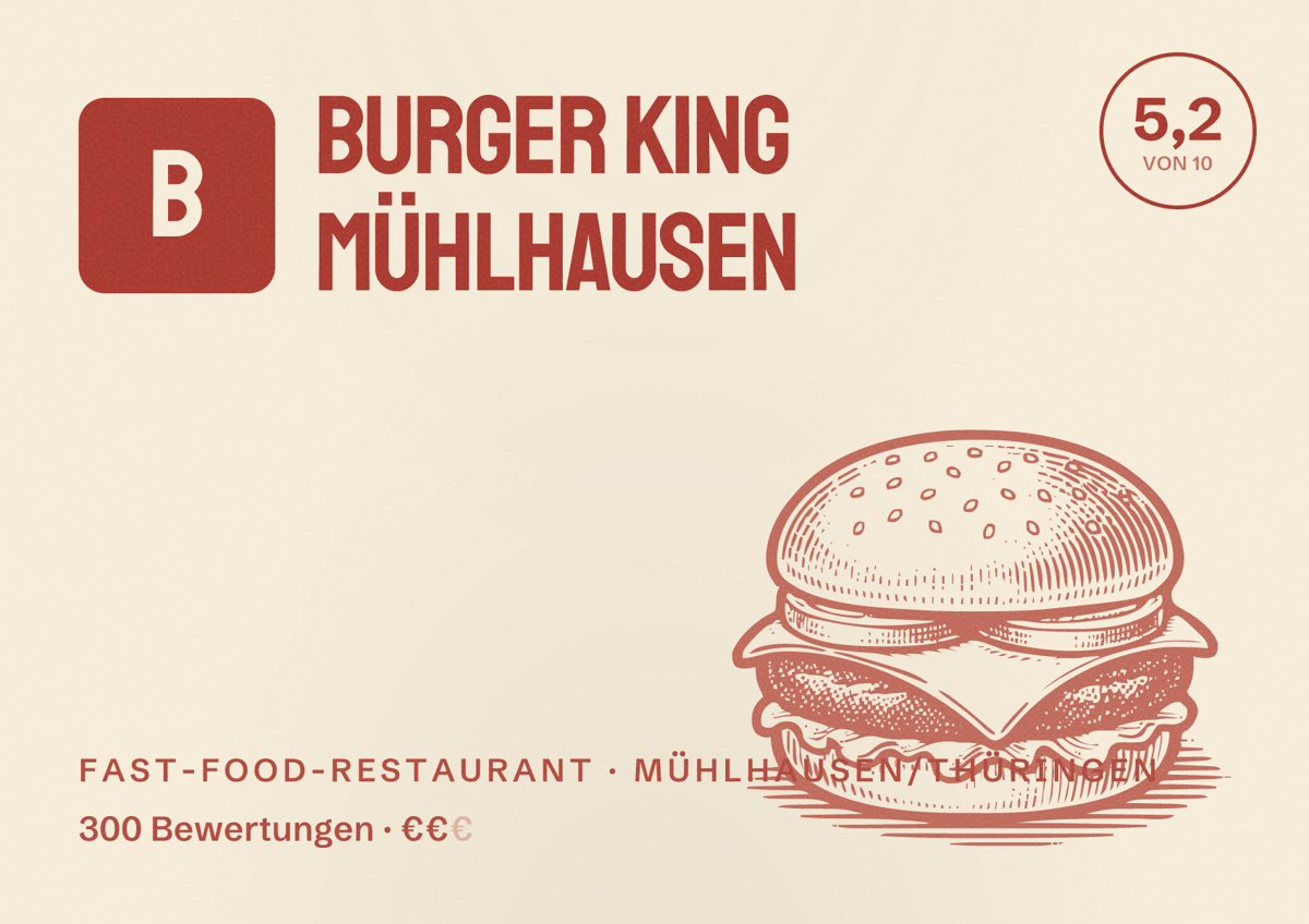 Illustriertes Poster von Burger King Mühlhausen, Fast-Food-Restaurant in Mühlhausen/Thüringen: Bewertung 5,2 von 10 aus 300 Bewertungen, Preisniveau €€