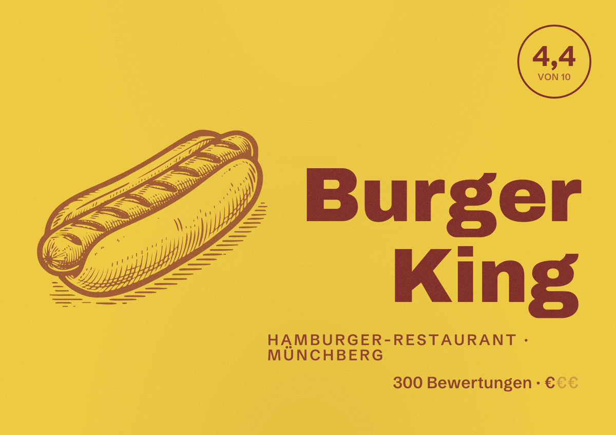Illustriertes Poster von Burger King, Hamburger-Restaurant in Münchberg: Bewertung 4,4 von 10 aus 300 Bewertungen, Preisniveau €