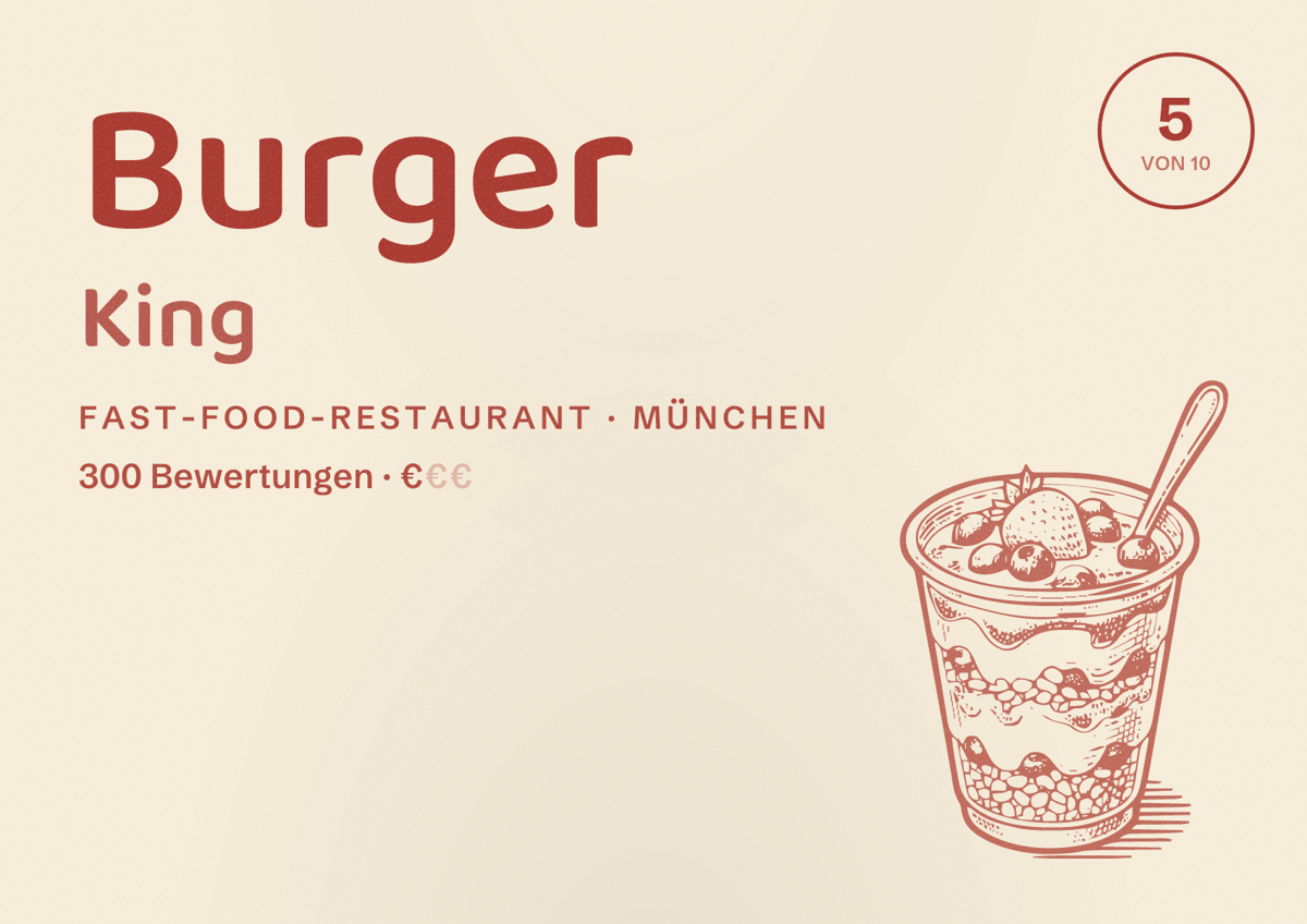 Illustriertes Poster von Burger King, Fast-Food-Restaurant in München: Bewertung 5 von 10 aus 300 Bewertungen, Preisniveau €