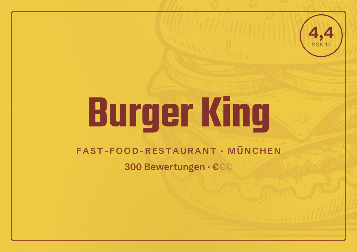 Illustriertes Poster von Burger King, Fast-Food-Restaurant in München: Bewertung 4,4 von 10 aus 300 Bewertungen, Preisniveau €
