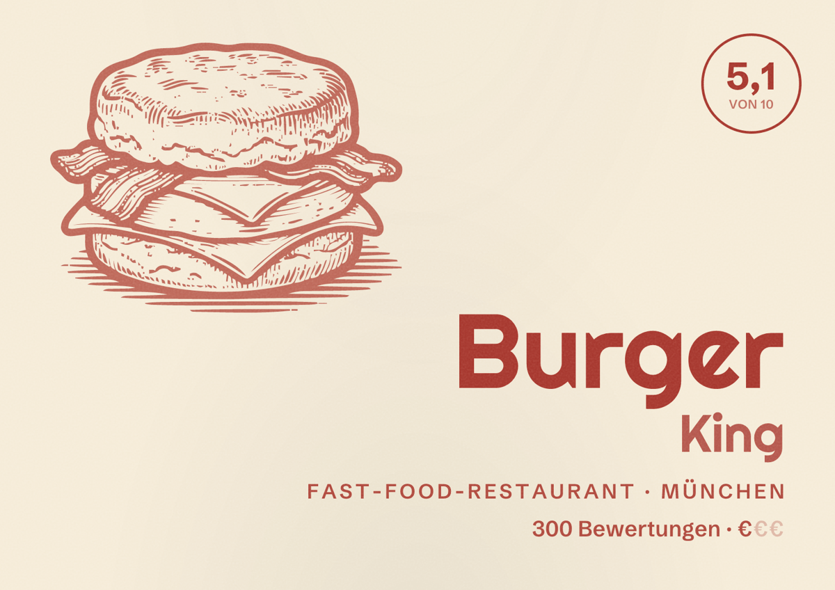 Illustriertes Poster von Burger King, Fast-Food-Restaurant in München: Bewertung 5,1 von 10 aus 300 Bewertungen, Preisniveau €