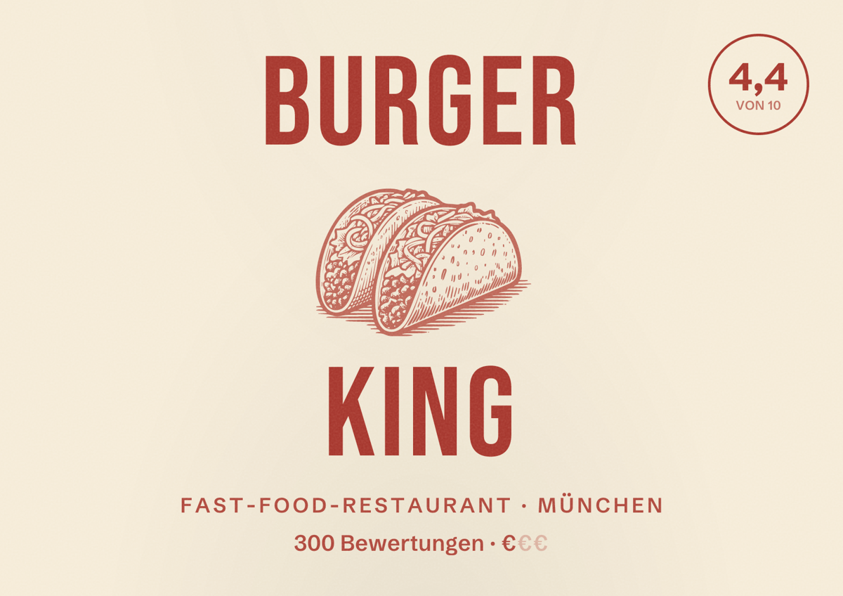 Illustriertes Poster von Burger King, Fast-Food-Restaurant in München: Bewertung 4,4 von 10 aus 300 Bewertungen, Preisniveau €