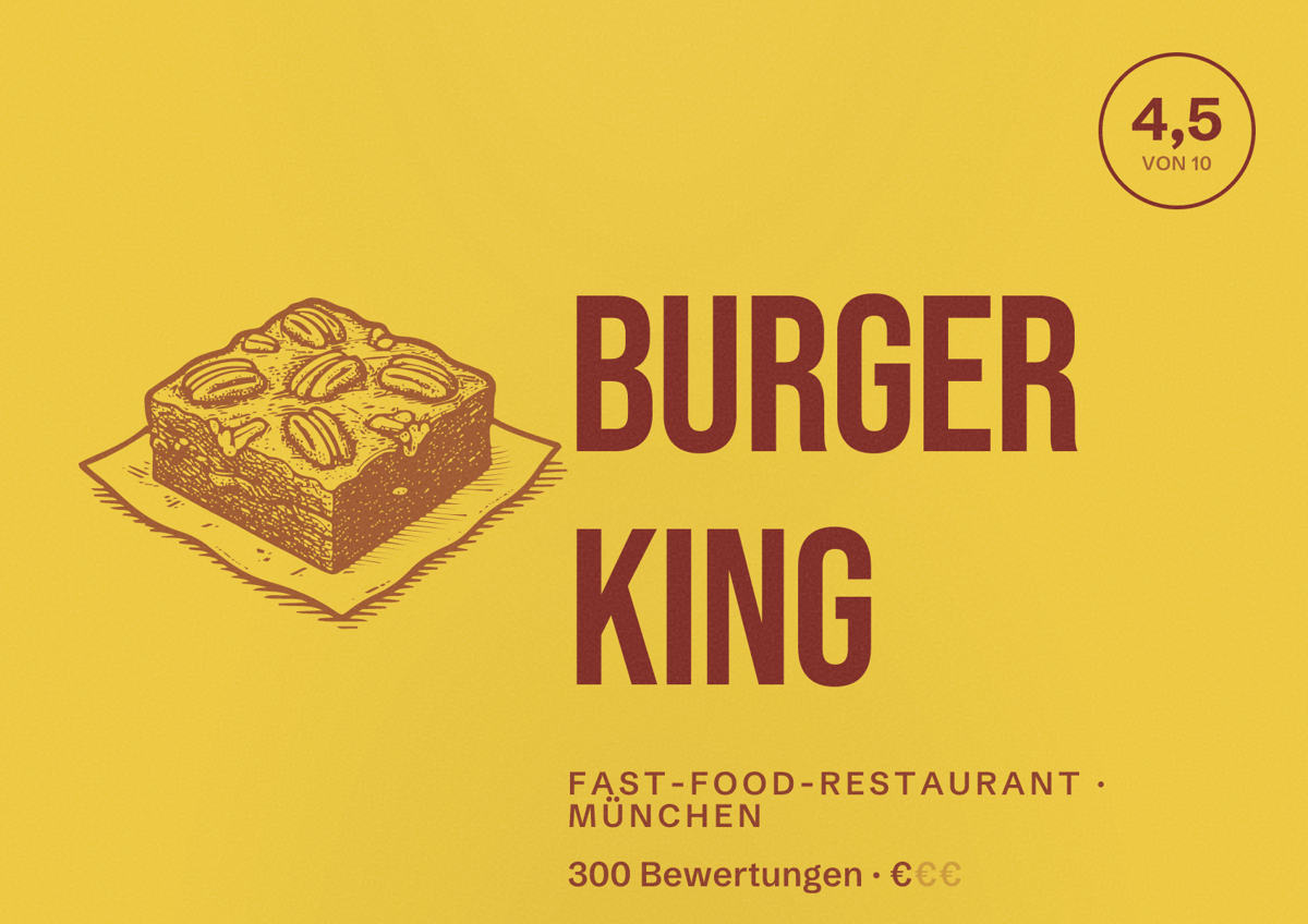 Illustriertes Poster von Burger King, Fast-Food-Restaurant in München: Bewertung 4,5 von 10 aus 300 Bewertungen, Preisniveau €