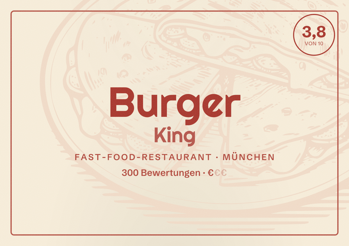 Illustriertes Poster von Burger King, Fast-Food-Restaurant in München: Bewertung 3,8 von 10 aus 300 Bewertungen, Preisniveau €