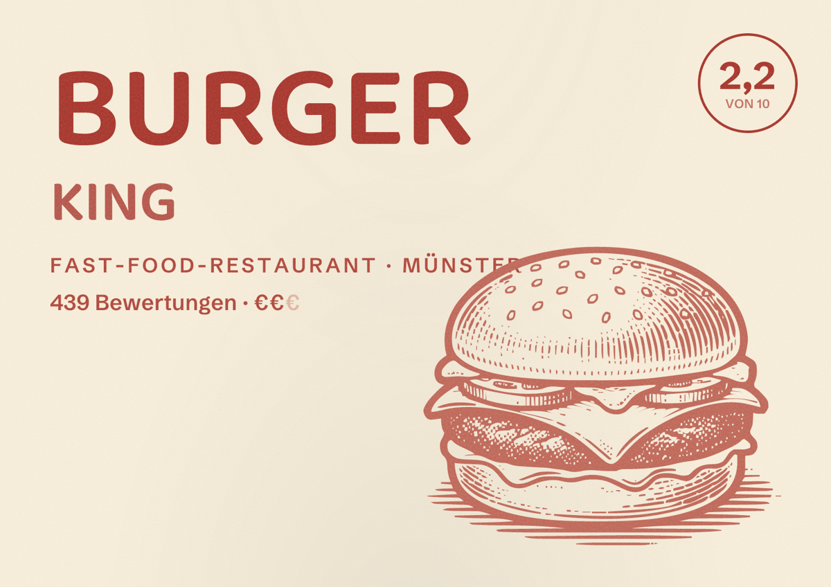 Illustriertes Poster von BURGER KING, Fast-Food-Restaurant in Münster: Bewertung 2,2 von 10 aus 439 Bewertungen, Preisniveau €€
