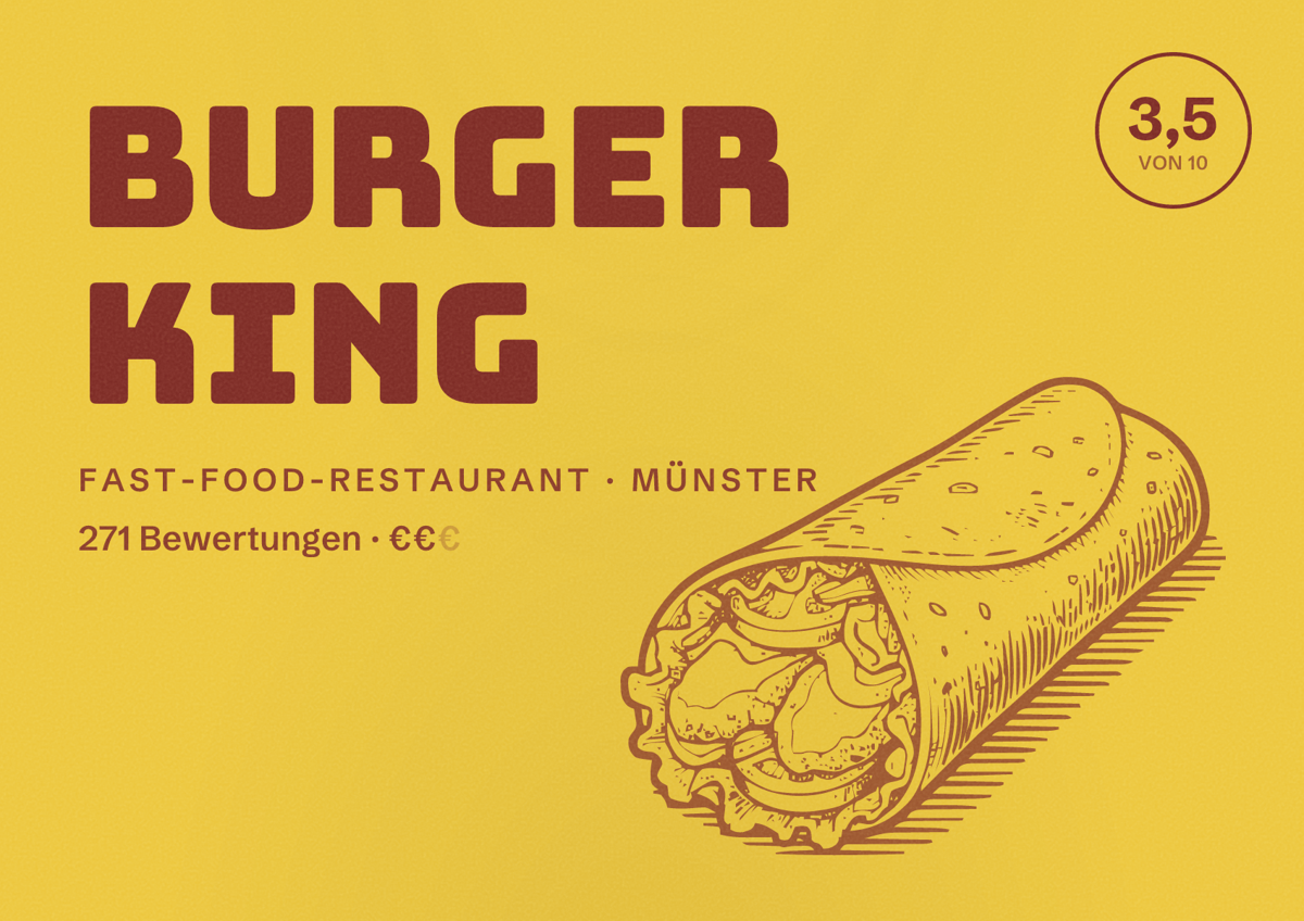Illustriertes Poster von Burger King, Fast-Food-Restaurant in Münster: Bewertung 3,5 von 10 aus 271 Bewertungen, Preisniveau €€