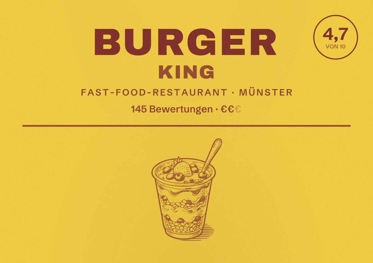 Illustriertes Poster von BURGER KING, Fast-Food-Restaurant in Münster: Bewertung 4,7 von 10 aus 145 Bewertungen, Preisniveau €€
