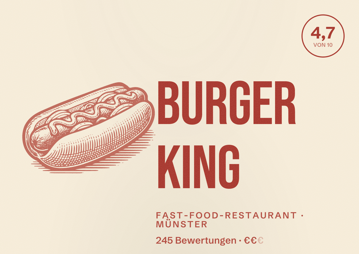 Illustriertes Poster von BURGER KING, Fast-Food-Restaurant in Münster: Gästebewertung 4,7 von 10 aus 245 Bewertungen