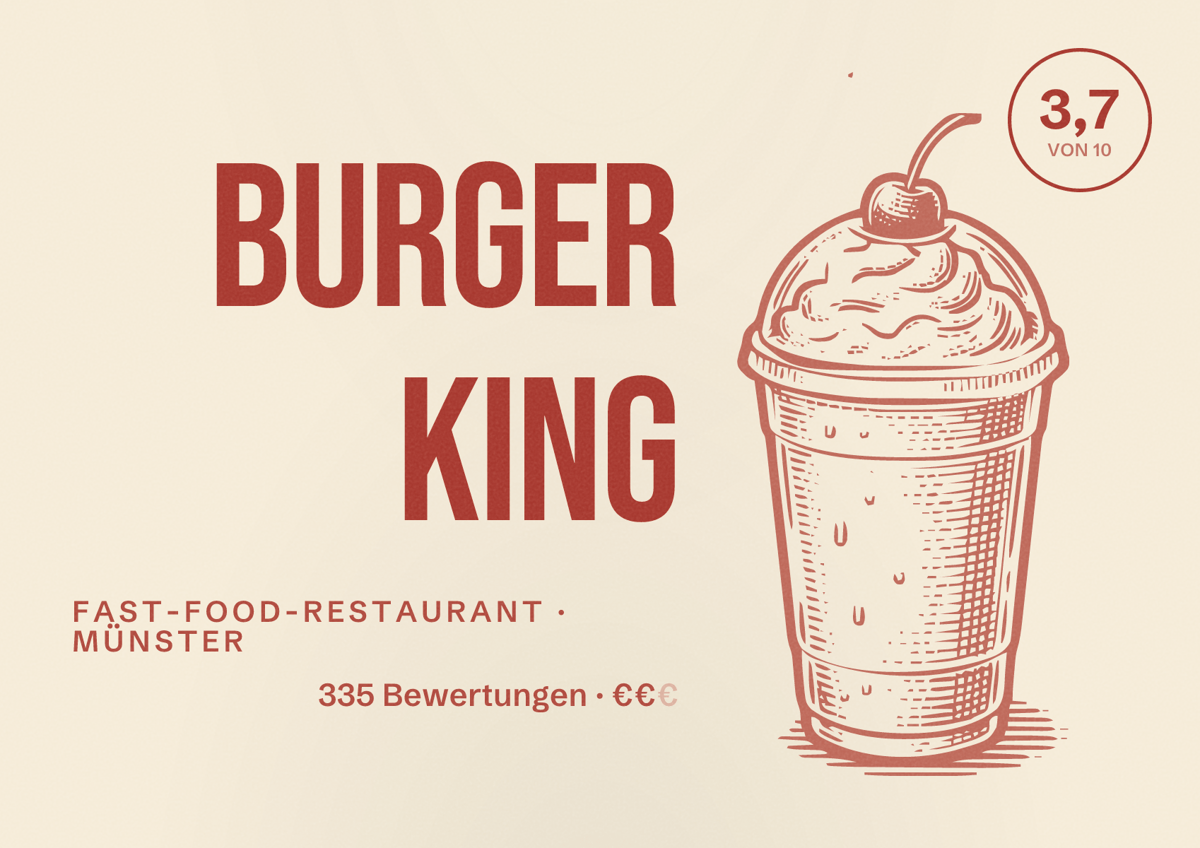 Illustriertes Poster von Burger King, Fast-Food-Restaurant in Münster: Bewertung 3,7 von 10 aus 335 Bewertungen, Preisniveau €€