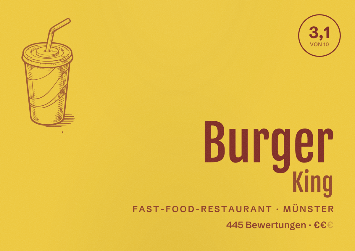 Illustriertes Poster von Burger King, Fast-Food-Restaurant in Münster: Bewertung 3,2 von 10 aus 445 Bewertungen, Preisniveau €€