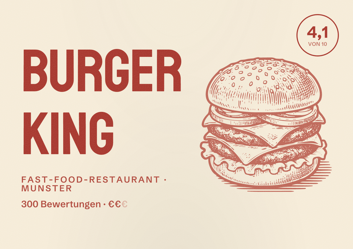 Illustriertes Poster von Burger King, Fast-Food-Restaurant in Munster: Bewertung 4,1 von 10 aus 300 Bewertungen, Preisniveau €€