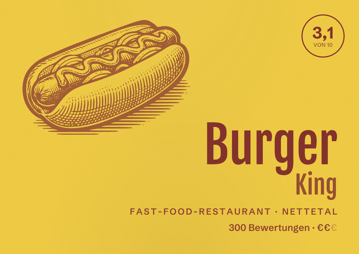 Illustriertes Poster von Burger King, Fast-Food-Restaurant in Nettetal: Bewertung 3,1 von 10 aus 300 Bewertungen, Preisniveau €€
