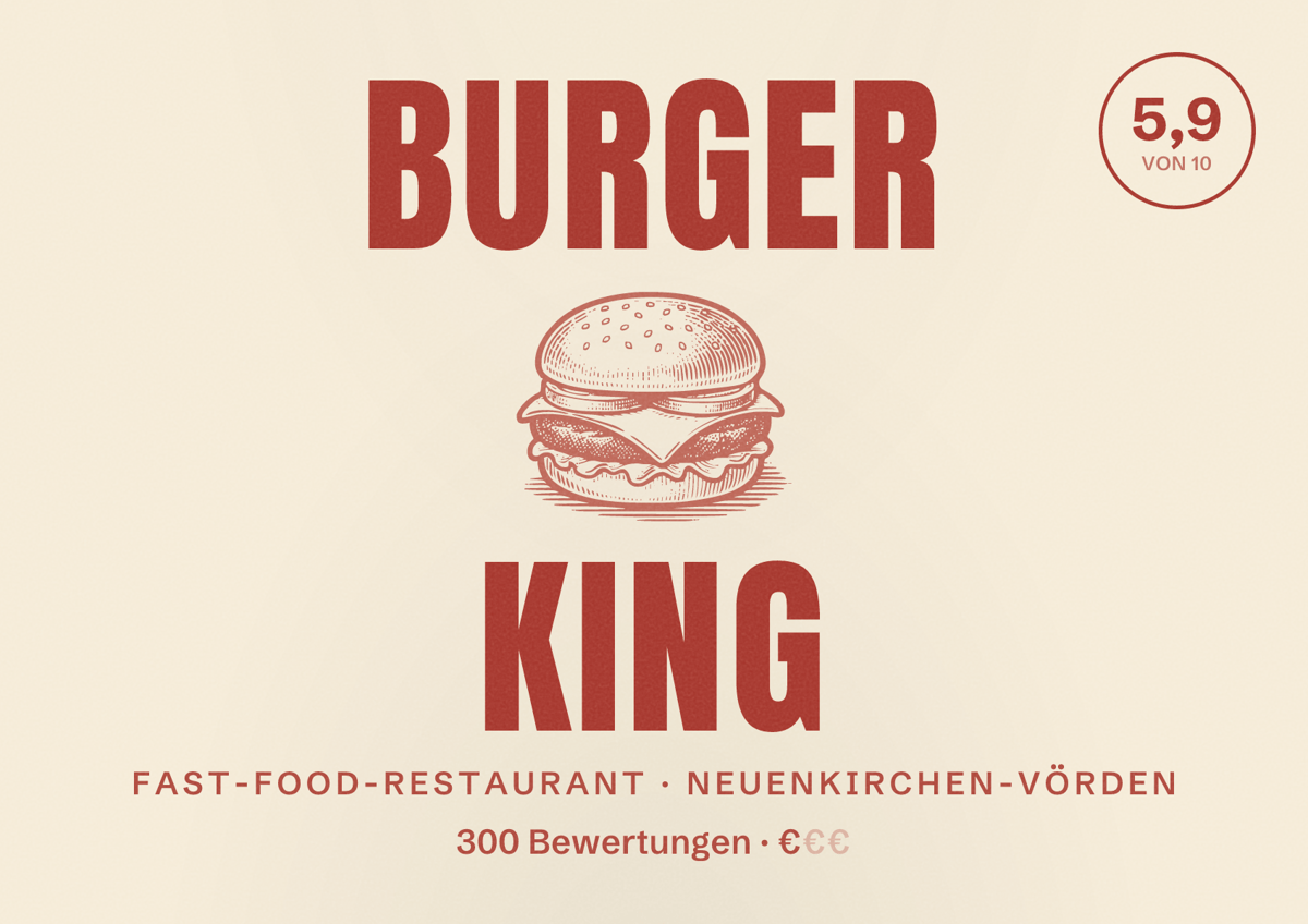 Illustriertes Poster von Burger King, Fast-Food-Restaurant in Neuenkirchen-Vörden: Bewertung 5,9 von 10 aus 300 Bewertungen, Preisniveau €
