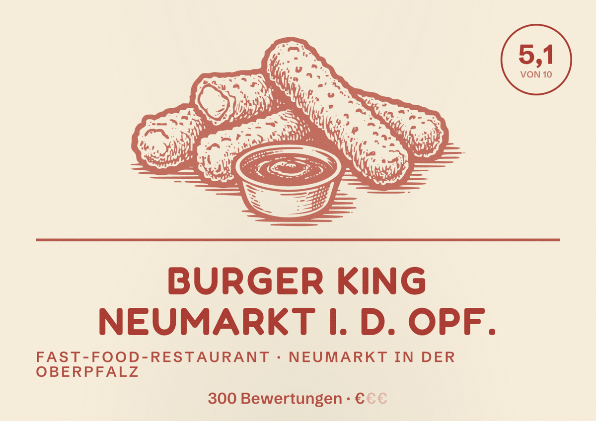 Illustriertes Poster von Burger King Neumarkt i. d. Opf., Fast-Food-Restaurant in Neumarkt in der Oberpfalz: Bewertung 5,1 von 10 aus 300 Bewertungen, Preisniveau €