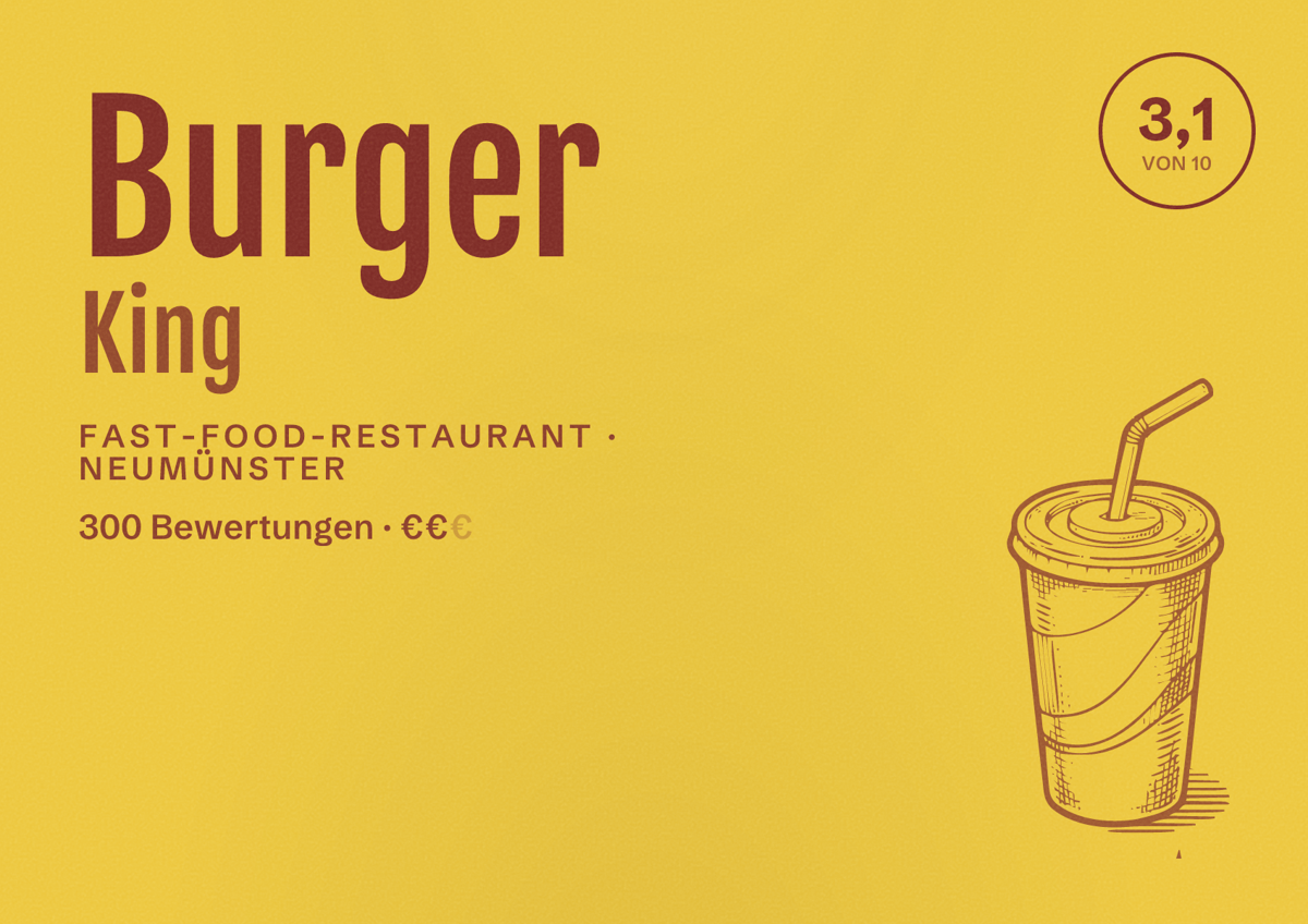 Illustriertes Poster von Burger King, Fast-Food-Restaurant in Neumünster: Bewertung 3,1 von 10 aus 300 Bewertungen, Preisniveau €€