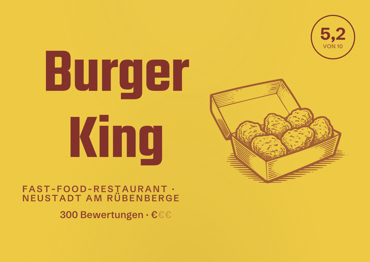 Illustriertes Poster von Burger King, Fast-Food-Restaurant in Neustadt am Rübenberge: Bewertung 5,2 von 10 aus 300 Bewertungen, Preisniveau €