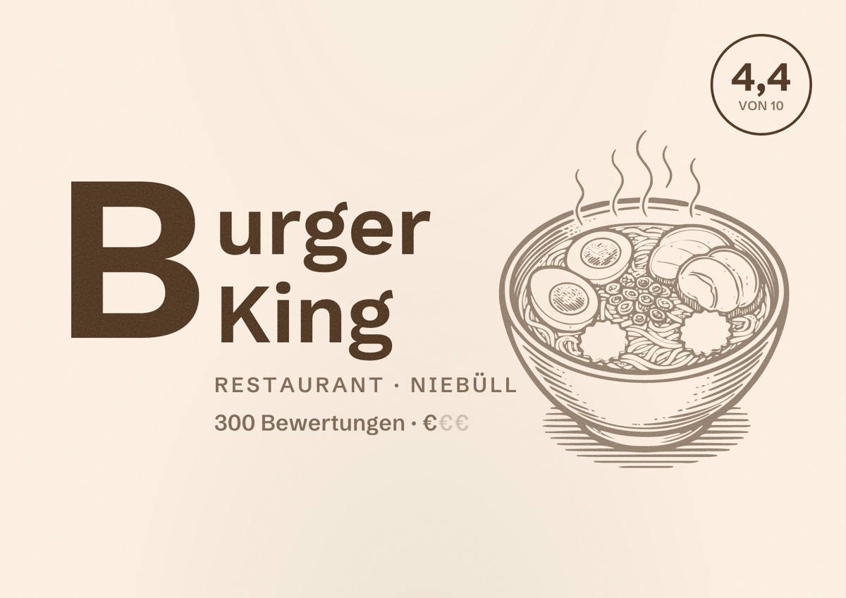 Illustriertes Poster von Burger King, Restaurant in Niebüll: Bewertung 4,4 von 10 aus 300 Bewertungen, Preisniveau €