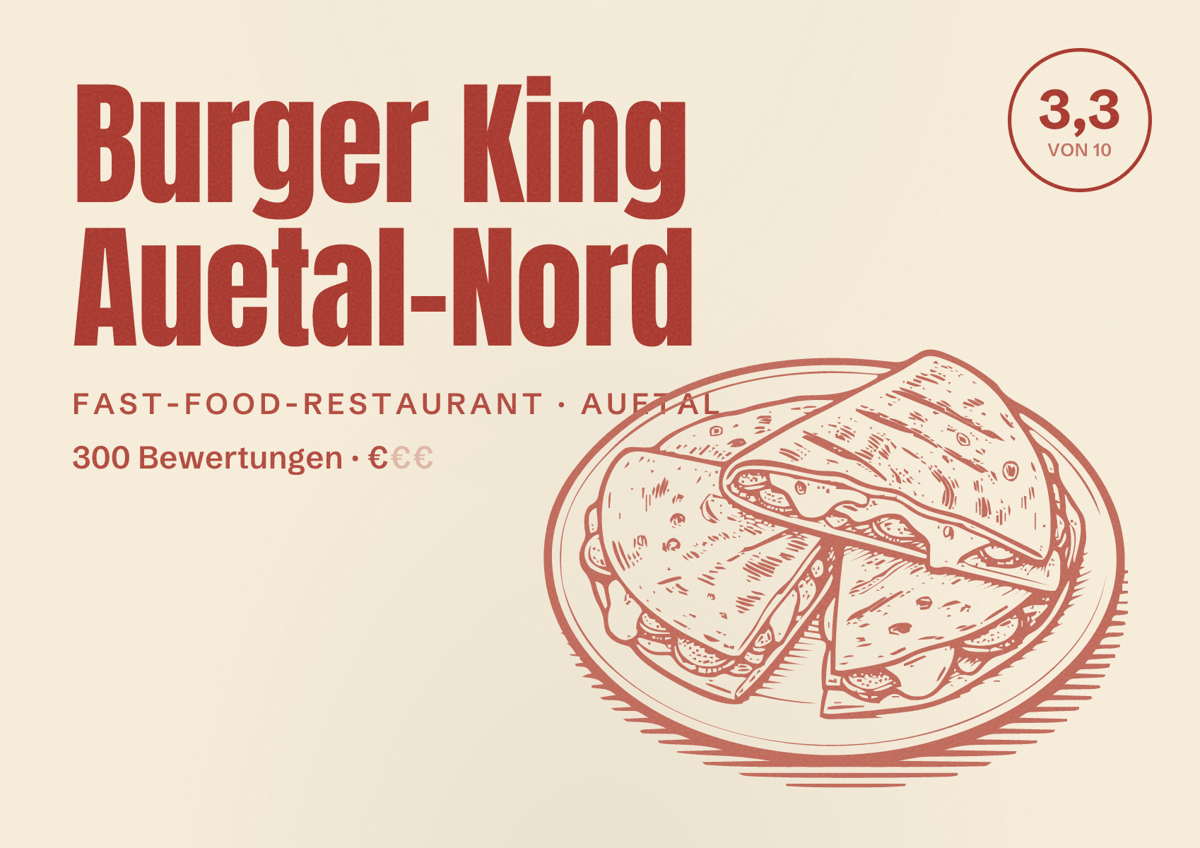 Illustriertes Poster von Burger King Auetal-Nord, Fast-Food-Restaurant in Auetal: Bewertung 3,3 von 10 aus 300 Bewertungen, Preisniveau €