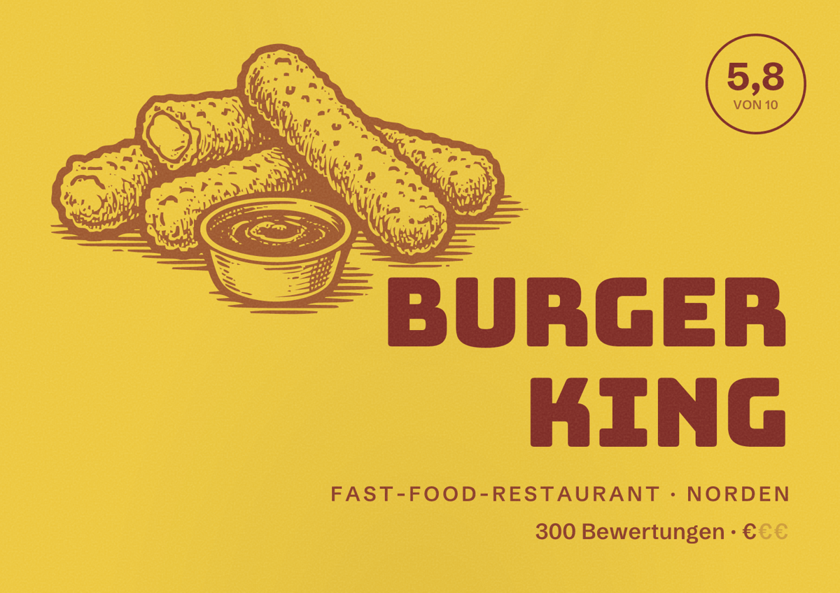 Illustriertes Poster von Burger King, Fast-Food-Restaurant in Norden: Bewertung 5,8 von 10 aus 300 Bewertungen, Preisniveau €