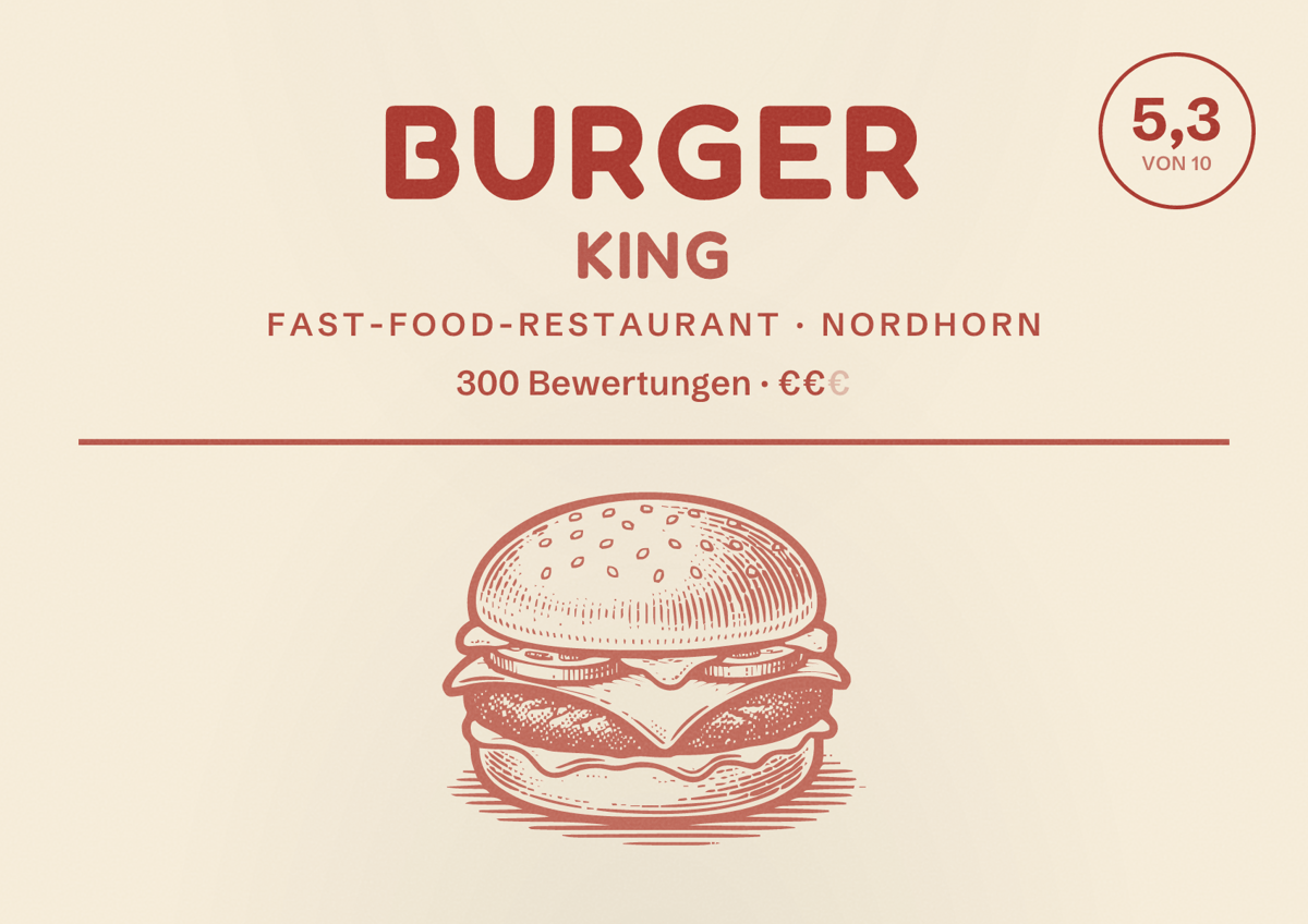 Illustriertes Poster von Burger King, Fast-Food-Restaurant in Nordhorn: Bewertung 5,3 von 10 aus 300 Bewertungen, Preisniveau €€