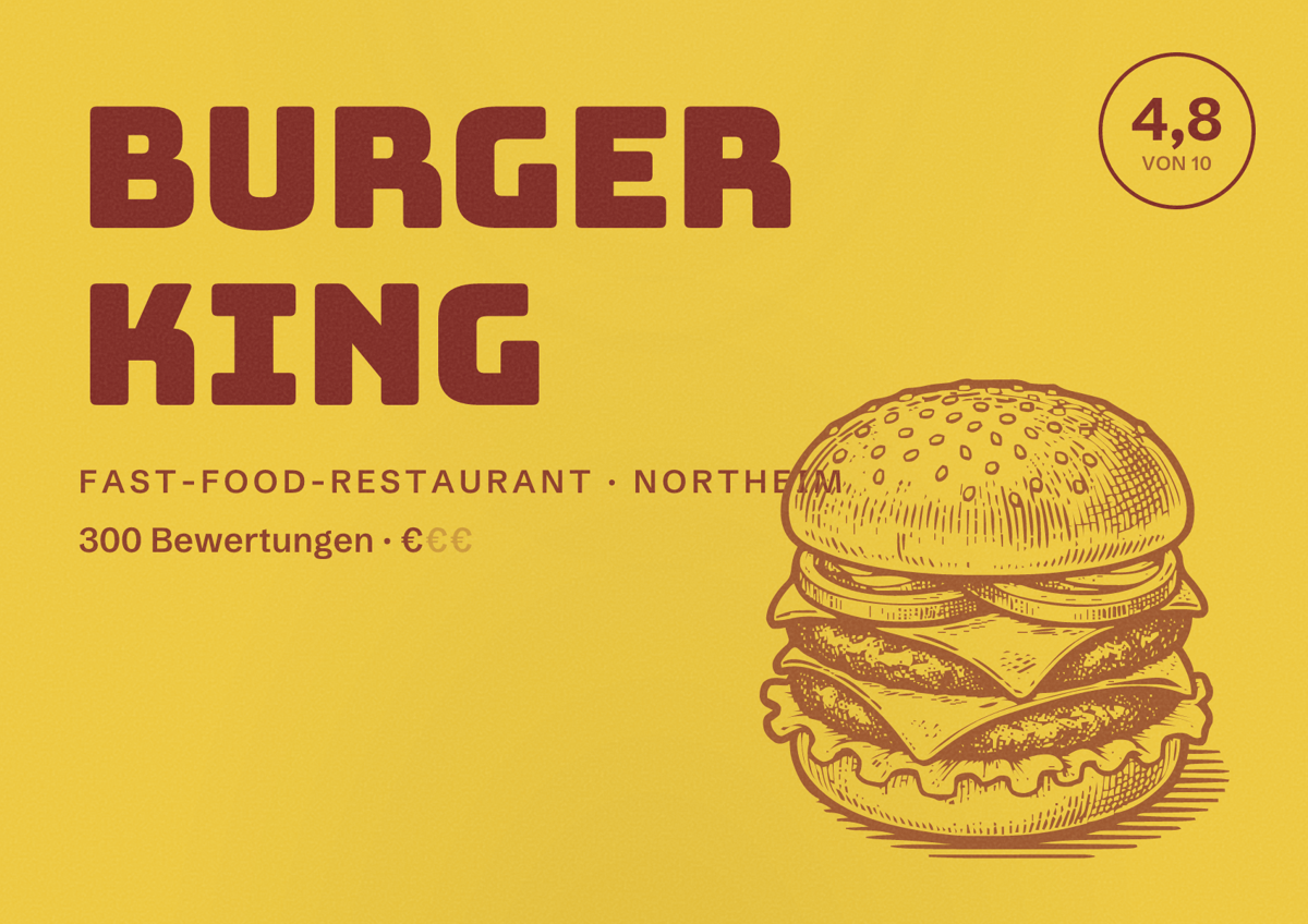 Illustriertes Poster von Burger King, Fast-Food-Restaurant in Northeim: Bewertung 4,8 von 10 aus 300 Bewertungen, Preisniveau €