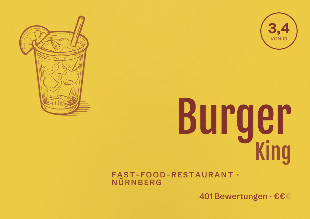 Illustriertes Poster von Burger King, Fast-Food-Restaurant in Nürnberg: Bewertung 3,4 von 10 aus 401 Bewertungen, Preisniveau €€