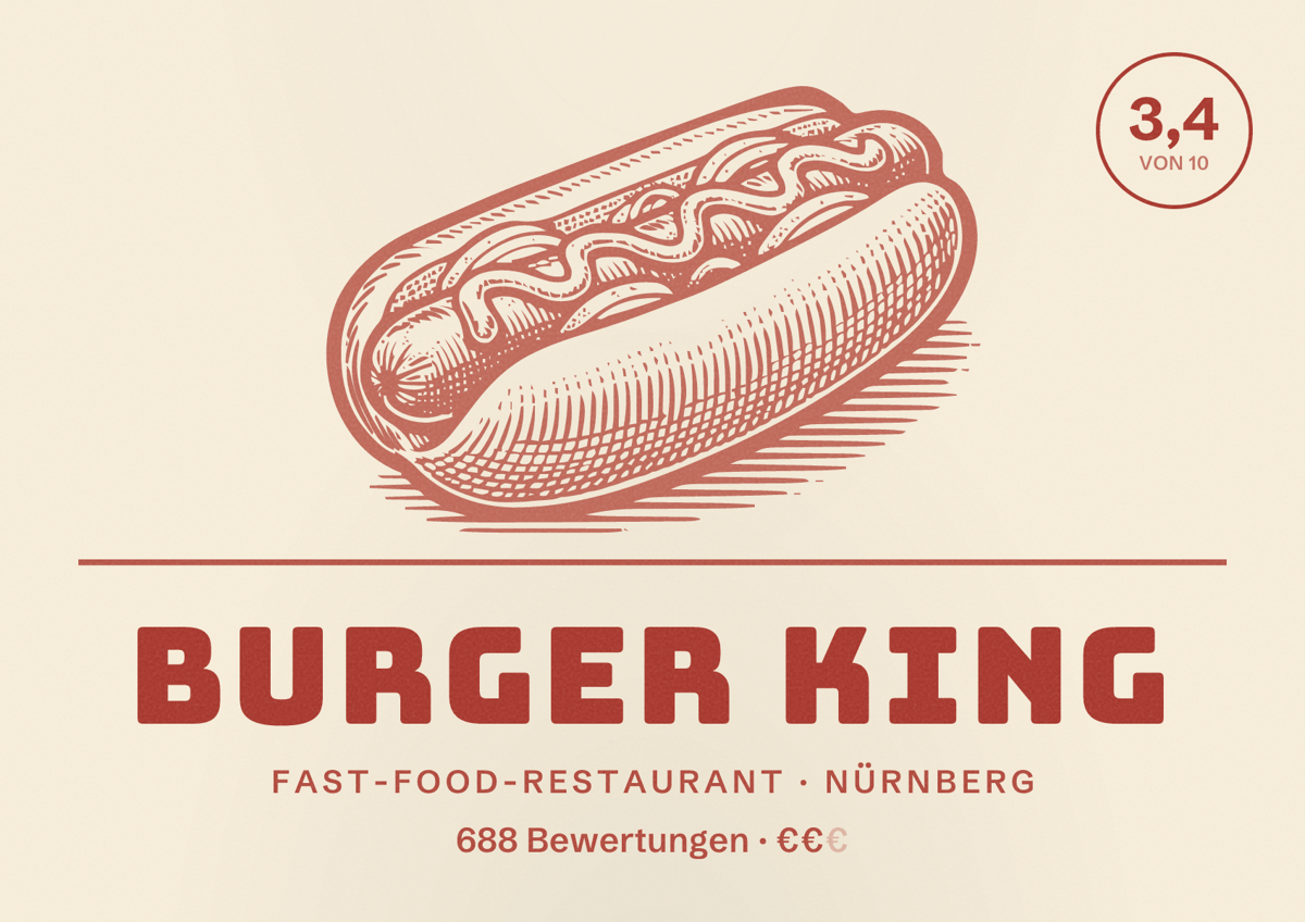 Illustriertes Poster von Burger King, Fast-Food-Restaurant in Nürnberg: Bewertung 3,4 von 10 aus 688 Bewertungen, Preisniveau €€
