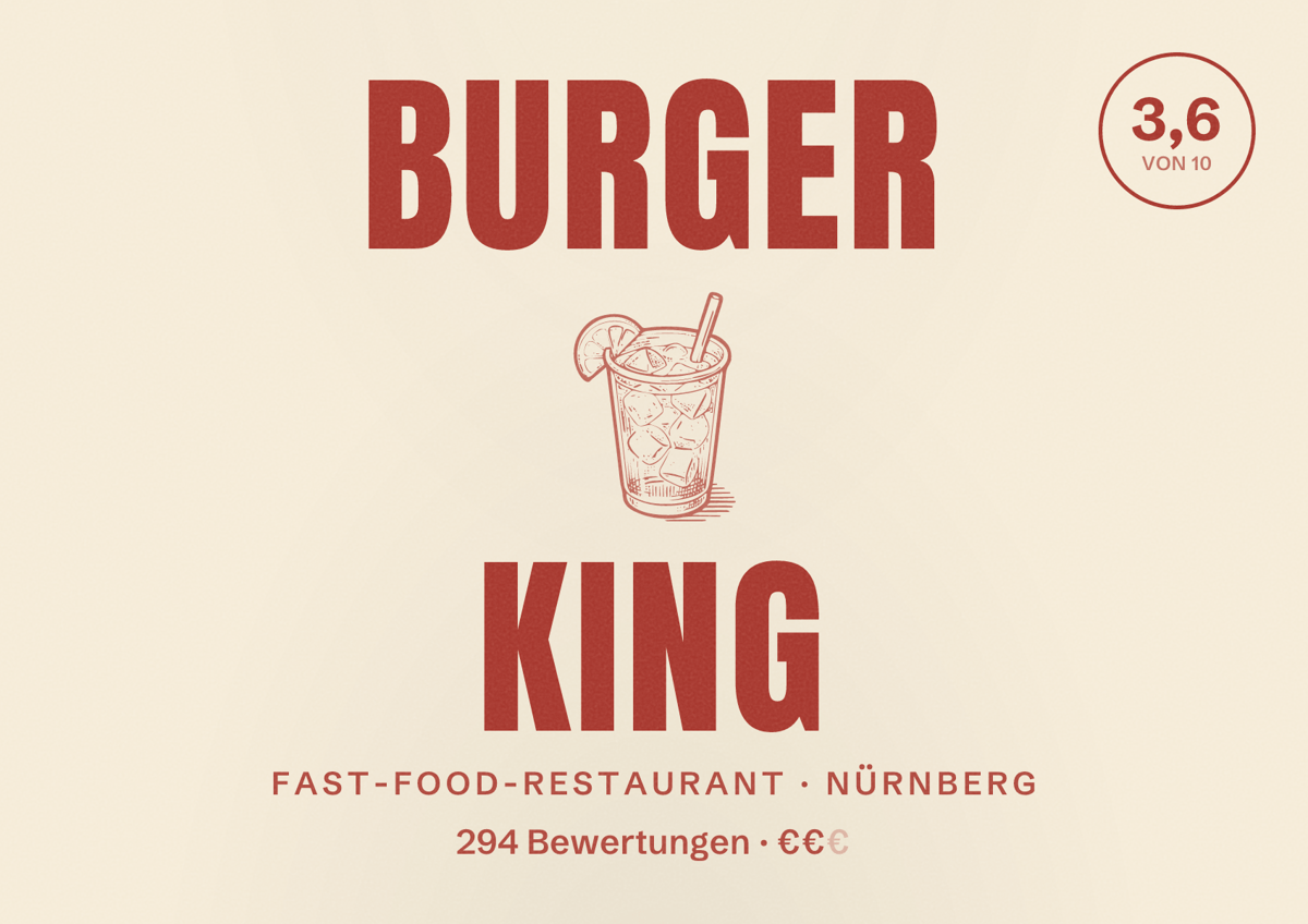 Illustriertes Poster von Burger King, Fast-Food-Restaurant in Nürnberg: Bewertung 3,6 von 10 aus 294 Bewertungen, Preisniveau €€