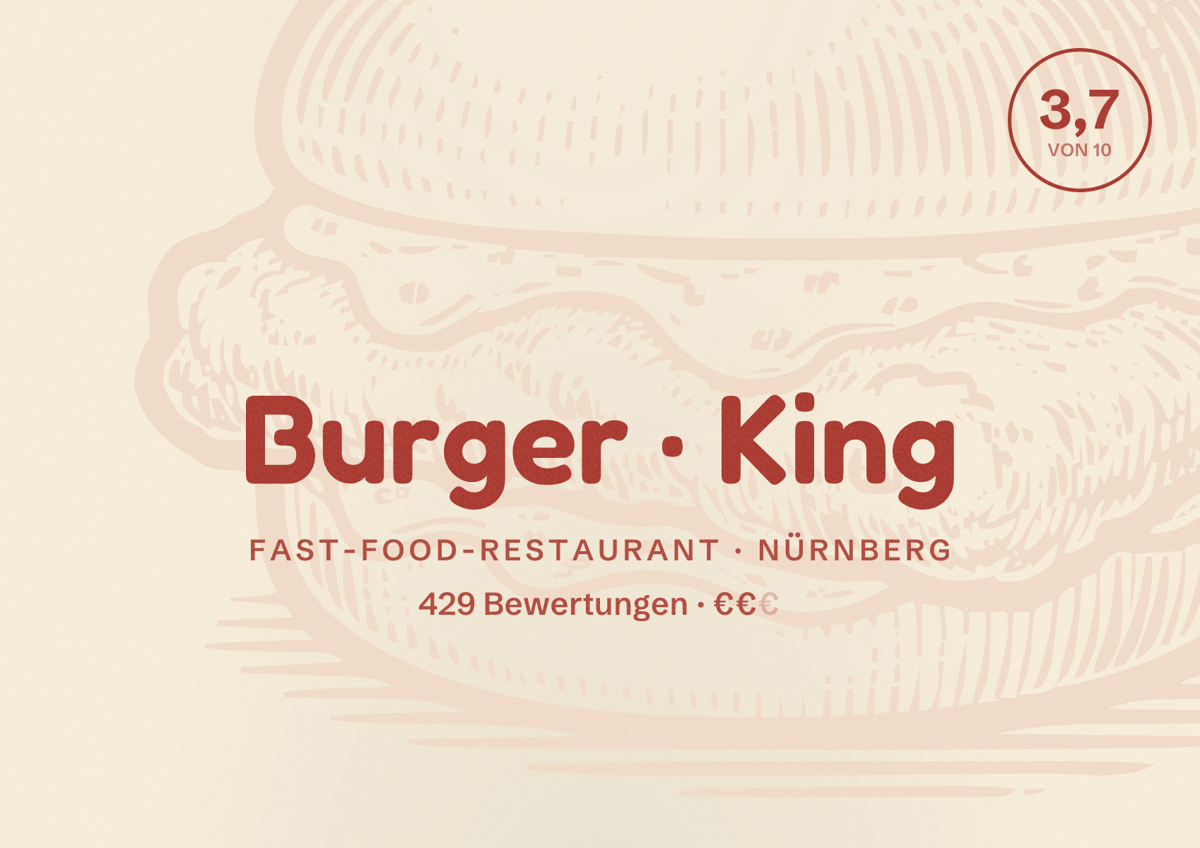 Illustriertes Poster von Burger King, Fast-Food-Restaurant in Nürnberg: Bewertung 3,7 von 10 aus 429 Bewertungen, Preisniveau €€