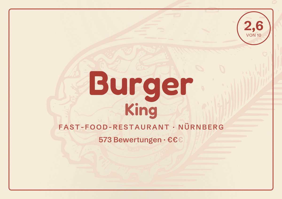 Illustriertes Poster von Burger King, Fast-Food-Restaurant in Nürnberg: Bewertung 2,6 von 10 aus 573 Bewertungen, Preisniveau €€