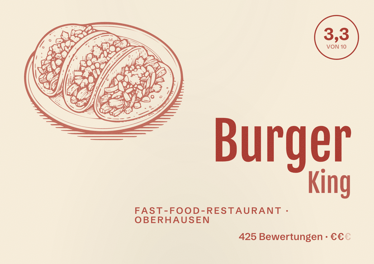 Illustriertes Poster von Burger King, Fast-Food-Restaurant in Oberhausen: Bewertung 3,3 von 10 aus 425 Bewertungen, Preisniveau €€