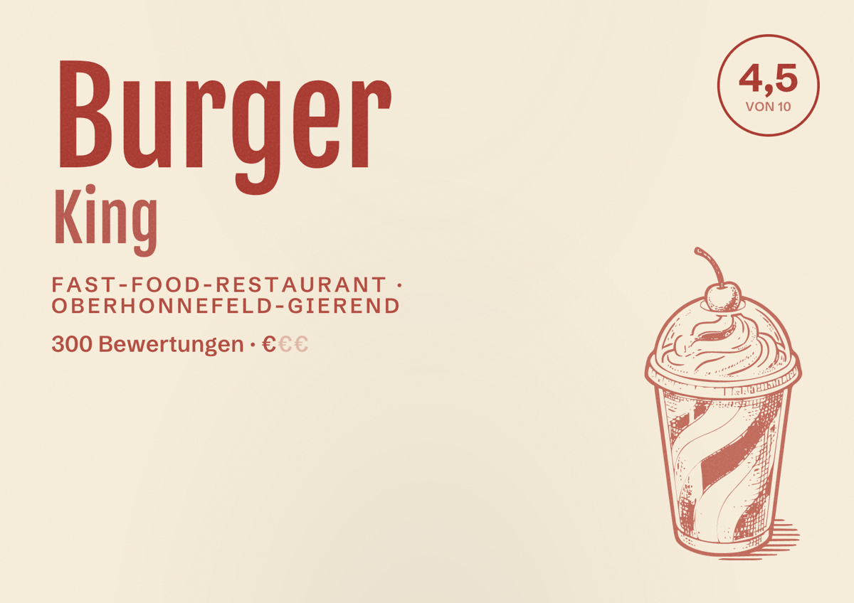 Illustriertes Poster von Burger King, Fast-Food-Restaurant in Oberhonnefeld-Gierend: Bewertung 4,5 von 10 aus 300 Bewertungen, Preisniveau €
