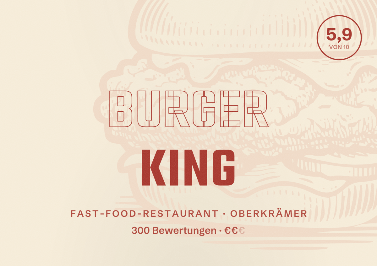 Illustriertes Poster von Burger King, Fast-Food-Restaurant in Oberkrämer: Bewertung 5,9 von 10 aus 300 Bewertungen, Preisniveau €€