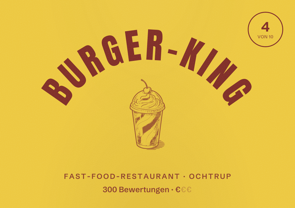 Illustriertes Poster von Burger-King, Fast-Food-Restaurant in Ochtrup: Bewertung 4 von 10 aus 300 Bewertungen, Preisniveau €