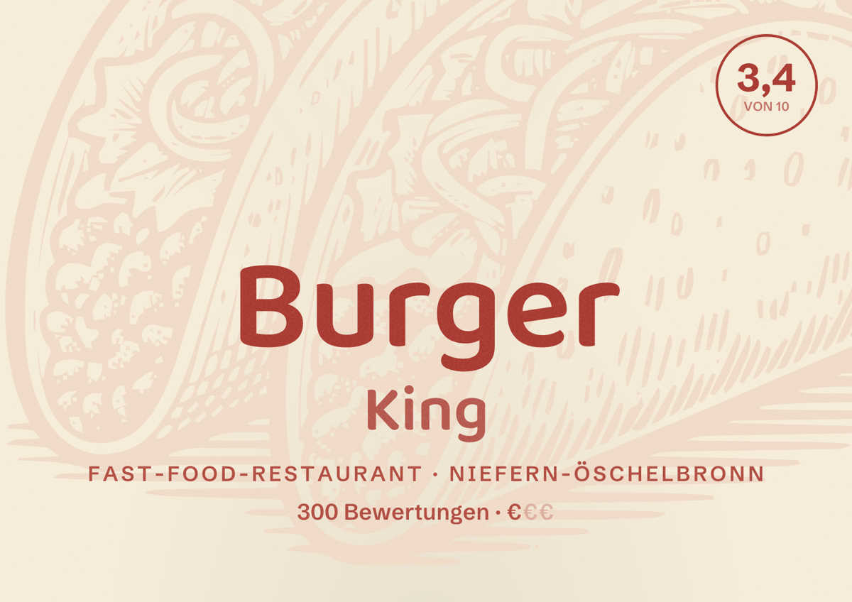 Illustriertes Poster von Burger King, Fast-Food-Restaurant in Niefern-Öschelbronn: Bewertung 3,4 von 10 aus 300 Bewertungen, Preisniveau €