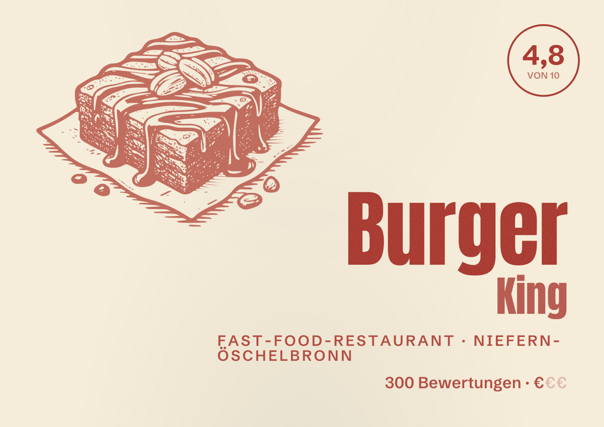 Illustriertes Poster von Burger King, Fast-Food-Restaurant in Niefern-Öschelbronn: Bewertung 4,8 von 10 aus 300 Bewertungen, Preisniveau €