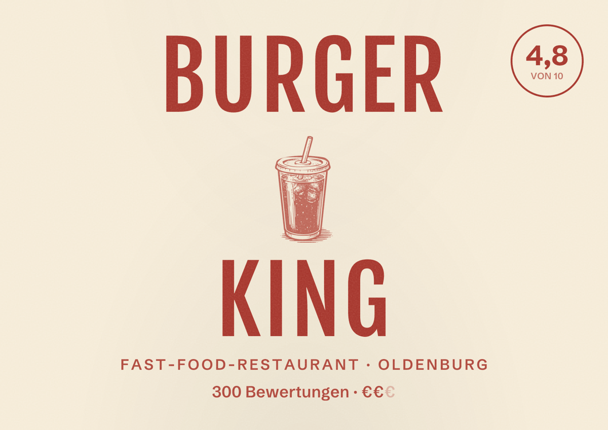 Illustriertes Poster von Burger King, Fast-Food-Restaurant in Oldenburg: Bewertung 4,8 von 10 aus 300 Bewertungen, Preisniveau €€
