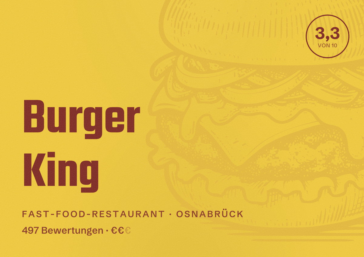 Illustriertes Poster von Burger King, Fast-Food-Restaurant in Osnabrück: Bewertung 3,3 von 10 aus 497 Bewertungen, Preisniveau €€