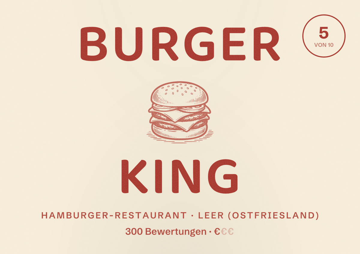 Illustriertes Poster von Burger King, Hamburger-Restaurant in Leer (Ostfriesland): Bewertung 5 von 10 aus 300 Bewertungen, Preisniveau €