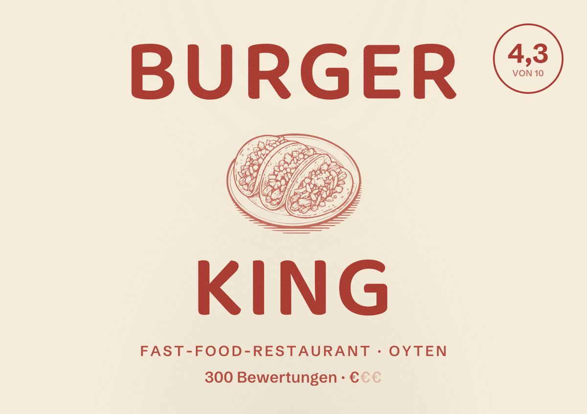 Illustriertes Poster von Burger King, Fast-Food-Restaurant in Oyten: Bewertung 4,3 von 10 aus 300 Bewertungen, Preisniveau €