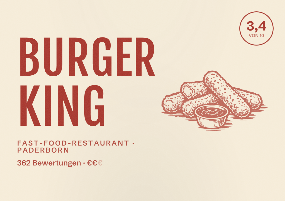 Illustriertes Poster von Burger King, Fast-Food-Restaurant in Paderborn: Bewertung 3,4 von 10 aus 362 Bewertungen, Preisniveau €€