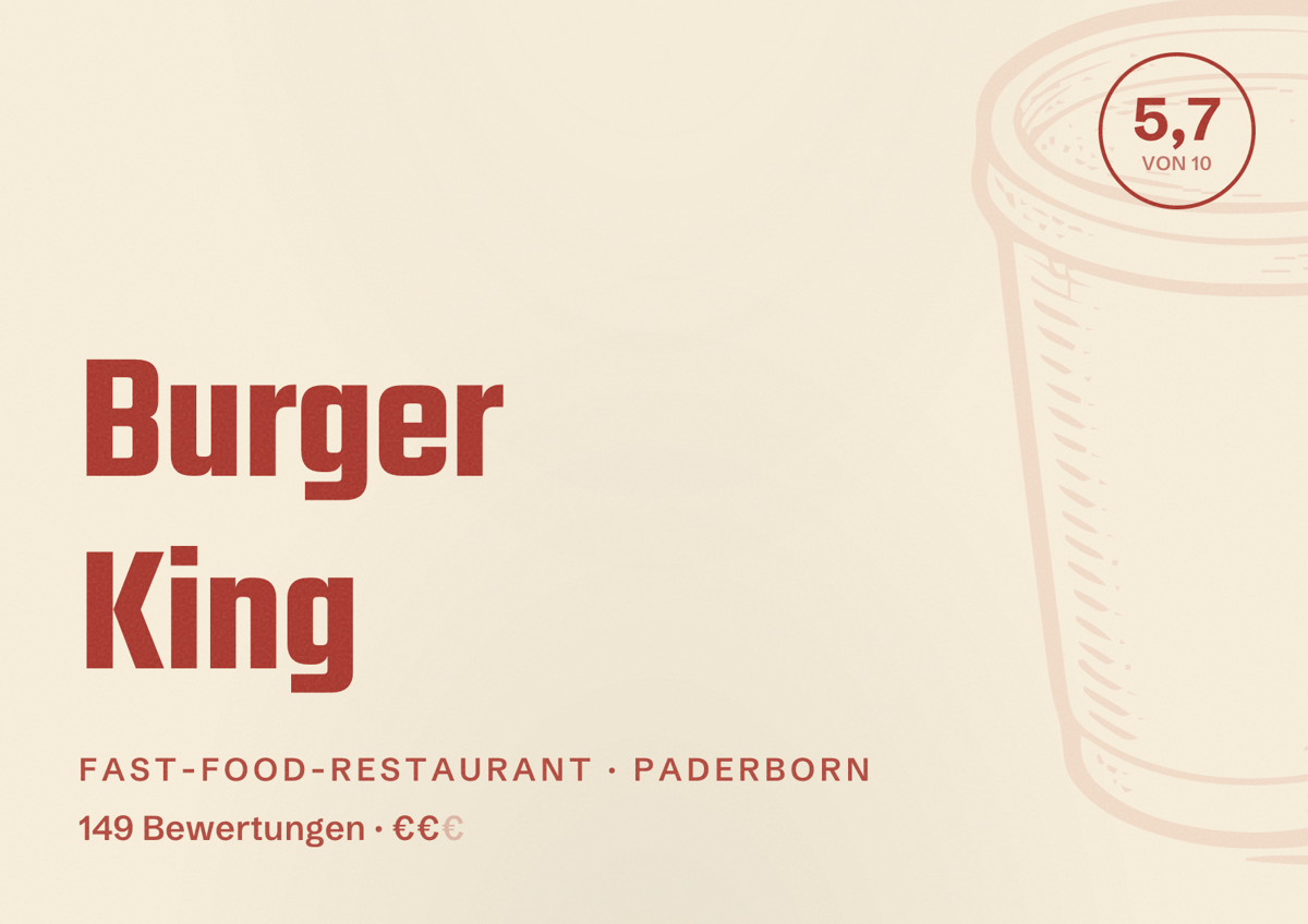 Illustriertes Poster von Burger King, Fast-Food-Restaurant in Paderborn: Bewertung 5,7 von 10 aus 149 Bewertungen, Preisniveau €€
