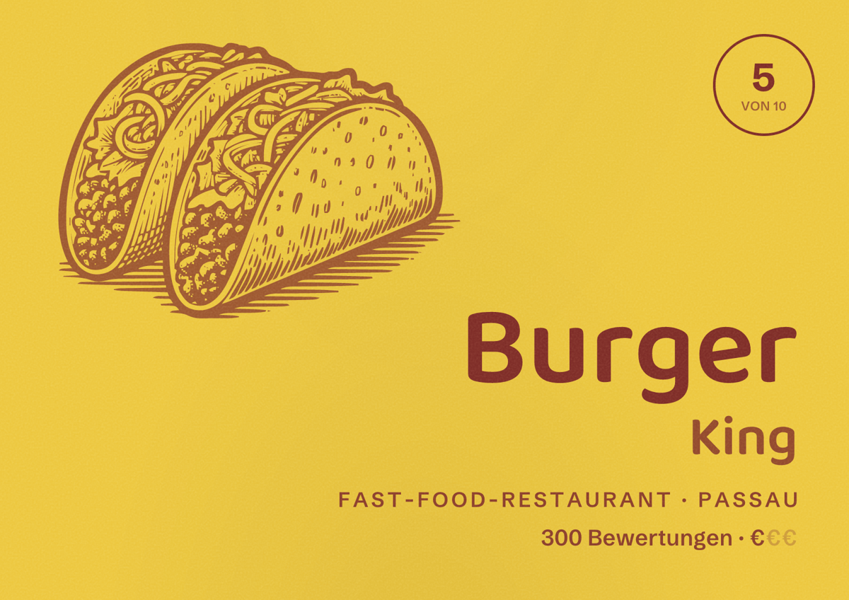Illustriertes Poster von Burger King, Fast-Food-Restaurant in Passau: Bewertung 5 von 10 aus 300 Bewertungen, Preisniveau €