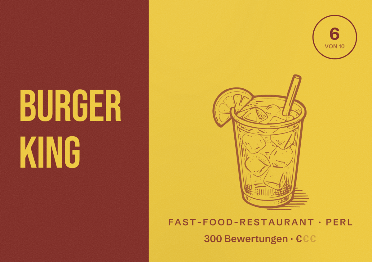 Illustriertes Poster von Burger King, Fast-Food-Restaurant in Perl: Bewertung 6 von 10 aus 300 Bewertungen, Preisniveau €