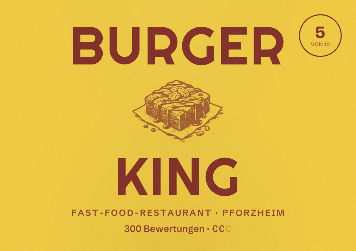 Illustriertes Poster von Burger King, Fast-Food-Restaurant in Pforzheim: Bewertung 5 von 10 aus 300 Bewertungen, Preisniveau €€