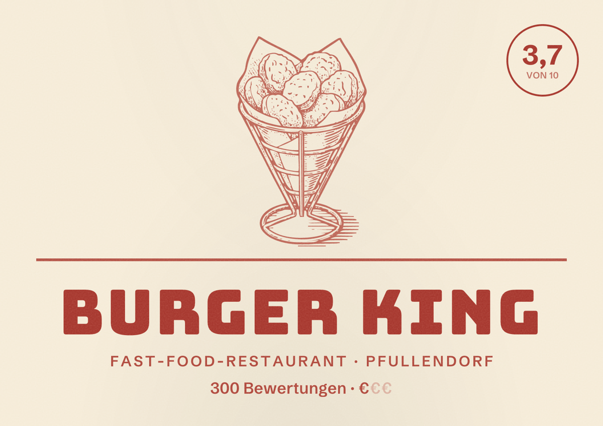 Illustriertes Poster von Burger King, Fast-Food-Restaurant in Pfullendorf: Bewertung 3,7 von 10 aus 300 Bewertungen, Preisniveau €