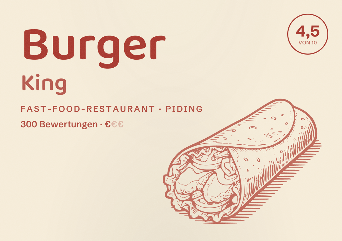 Illustriertes Poster von Burger King, Fast-Food-Restaurant in Piding: Bewertung 4,5 von 10 aus 300 Bewertungen, Preisniveau €