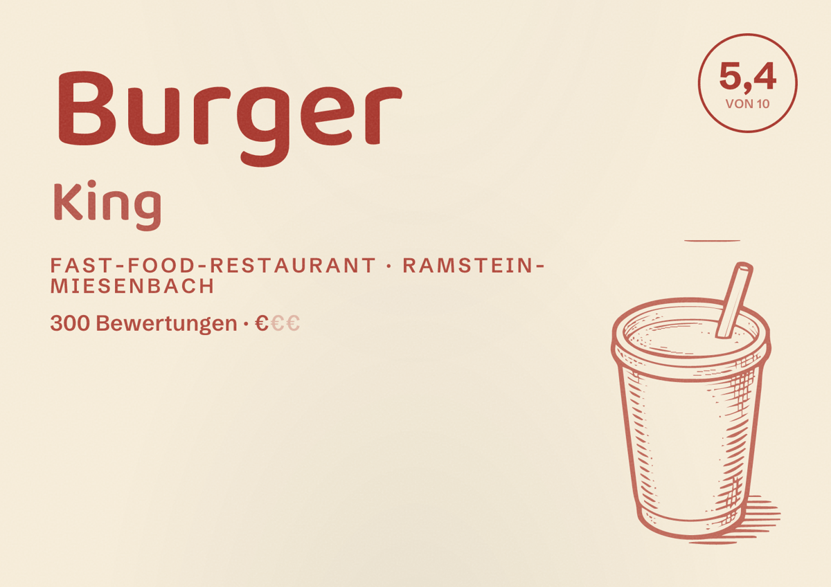 Illustriertes Poster von Burger King, Fast-Food-Restaurant in Ramstein-Miesenbach: Bewertung 5,4 von 10 aus 300 Bewertungen, Preisniveau €
