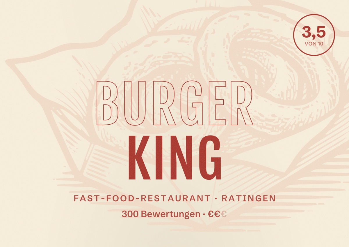 Illustriertes Poster von Burger King, Fast-Food-Restaurant in Ratingen: Bewertung 3,5 von 10 aus 300 Bewertungen, Preisniveau €€