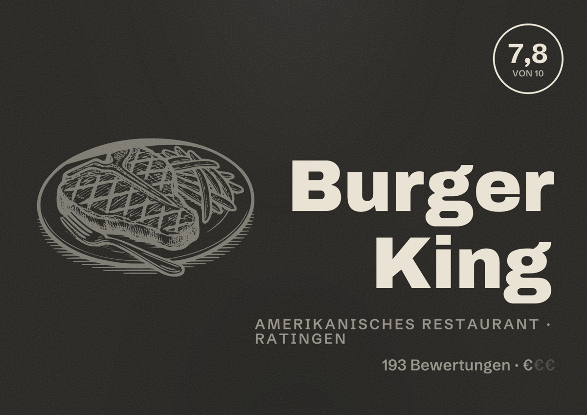 Illustriertes Poster von Burger King, Amerikanisches Restaurant in Ratingen: Bewertung 7,8 von 10 aus 193 Bewertungen, Preisniveau €